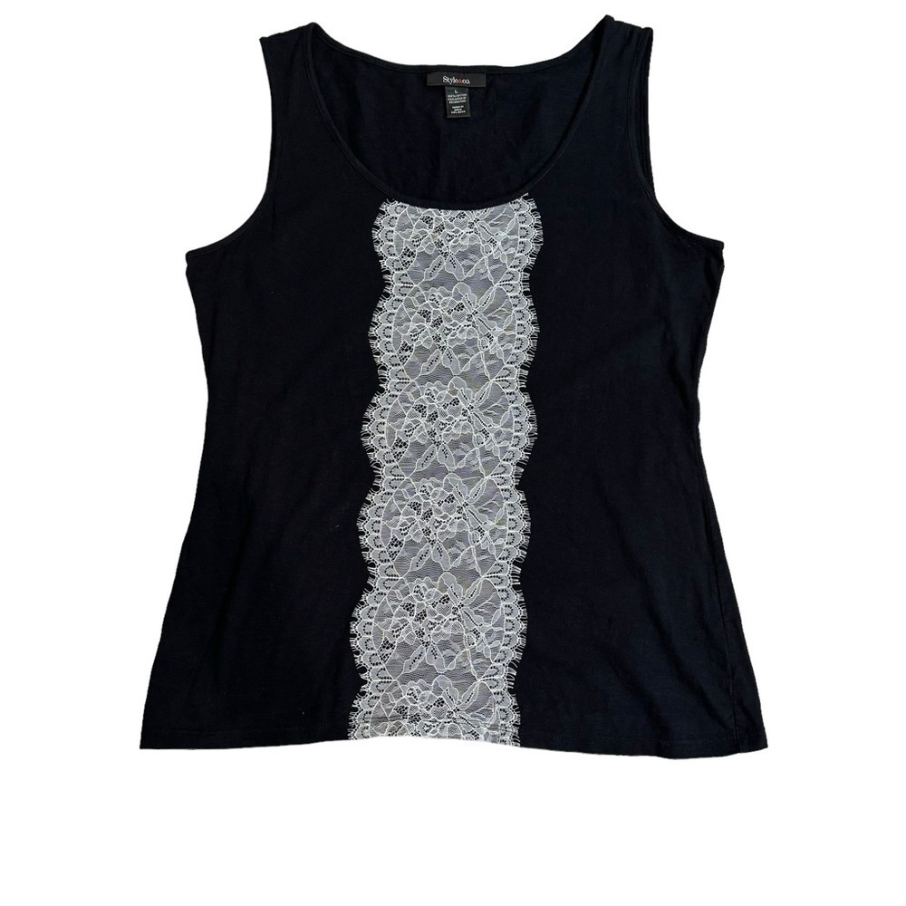 Style & Co Black Sleeveless Tank With Lace Decoration in Front Size L